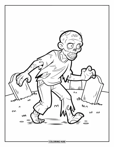 Coloriage de zombie pour enfants : Un zombie souriant trébuche à travers des pierres tombales avec une chemise et un pantalon déchirés