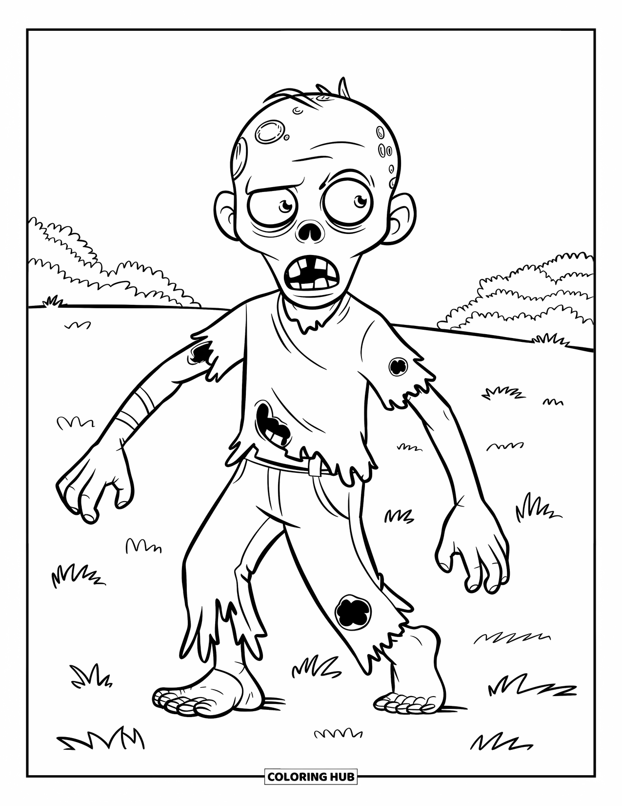 Zombie Coloring Page for Kids: Happy zombie walks with outstretched arms through a field with trees