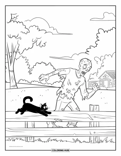 Coloriage de zombies pour enfants : Un zombie boitant poursuit un chat à la queue touffue par-dessus une clôture près d'un village tranquille