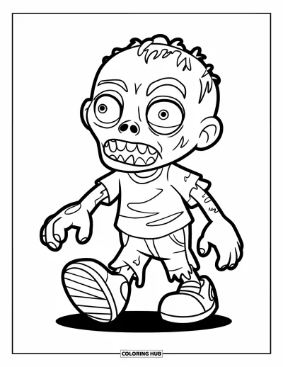 Coloriage de zombie pour enfants : Un petit zombie avec d’énormes chaussures se promène lentement, souriant largement