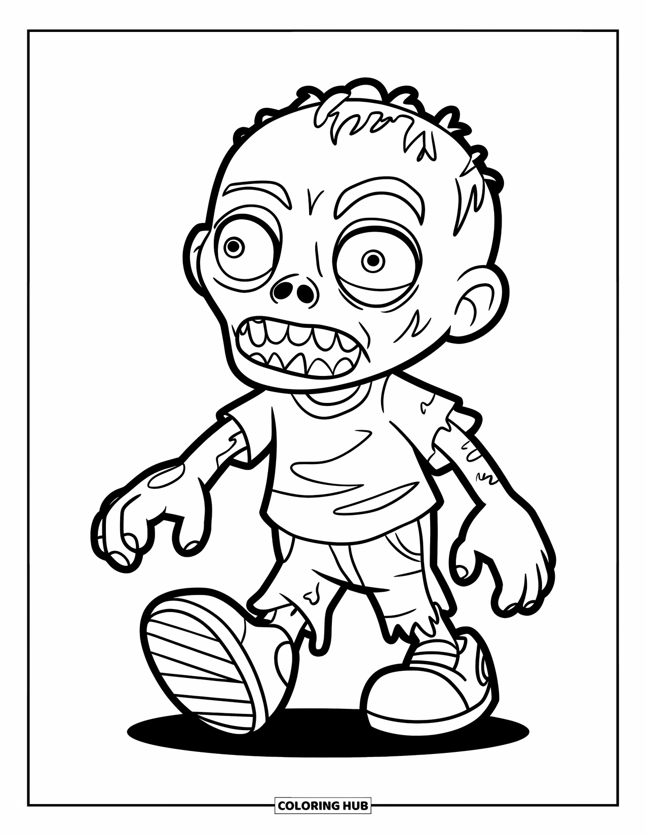 Zombie Coloring Page for Kids: Little zombie with huge shoes strolls slowly, grinning wide