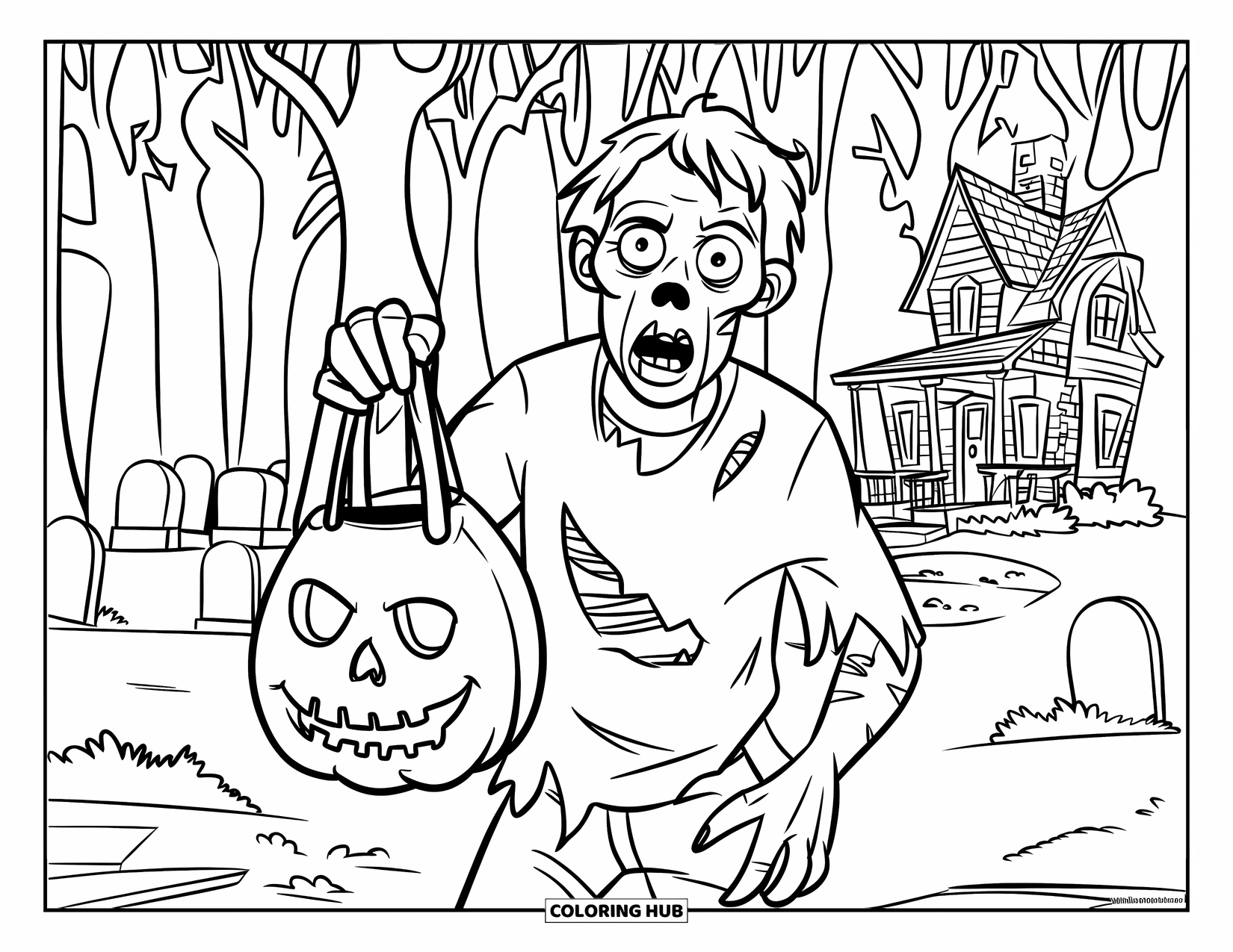 Zombie Coloring Page for Kids: Messy-haired zombie shows off a skull bag near spooky gravestones