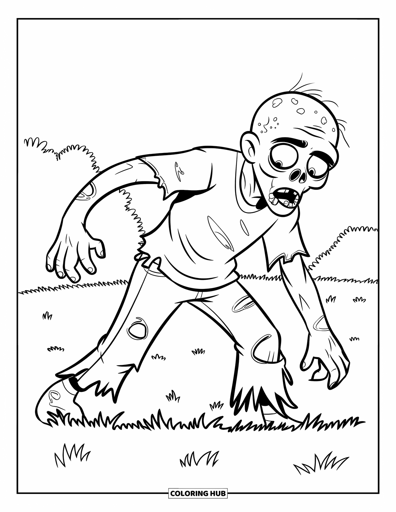 Zombie Coloring Page for Kids: Playful zombie with torn pants stretches its arms in a grassy field