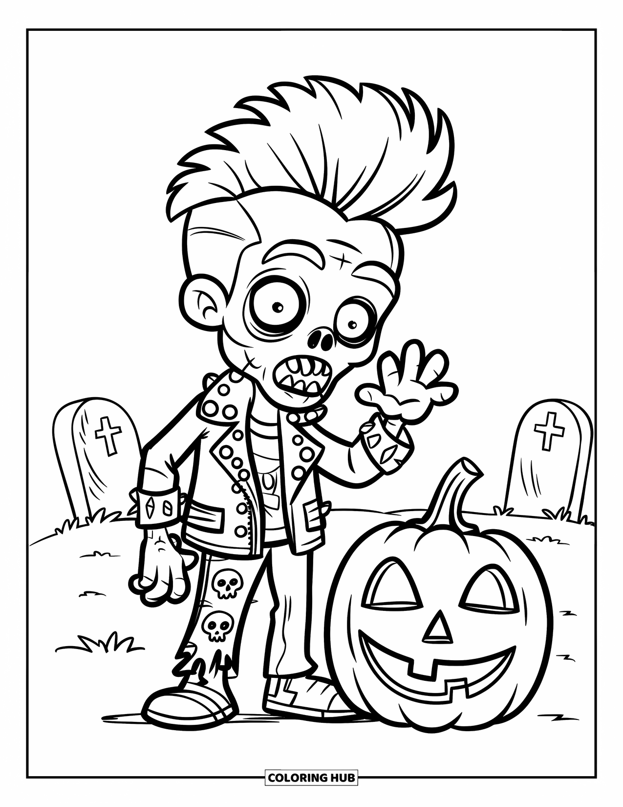 Zombie Coloring Page for Kids: Punk zombie in a leather jacket waves beside a pumpkin in a spooky graveyard