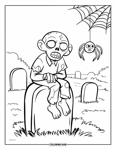 Coloriage de zombie pour enfants : Un simple zombie est assis tranquillement sur une petite pierre tombale avec une araignée suspendue