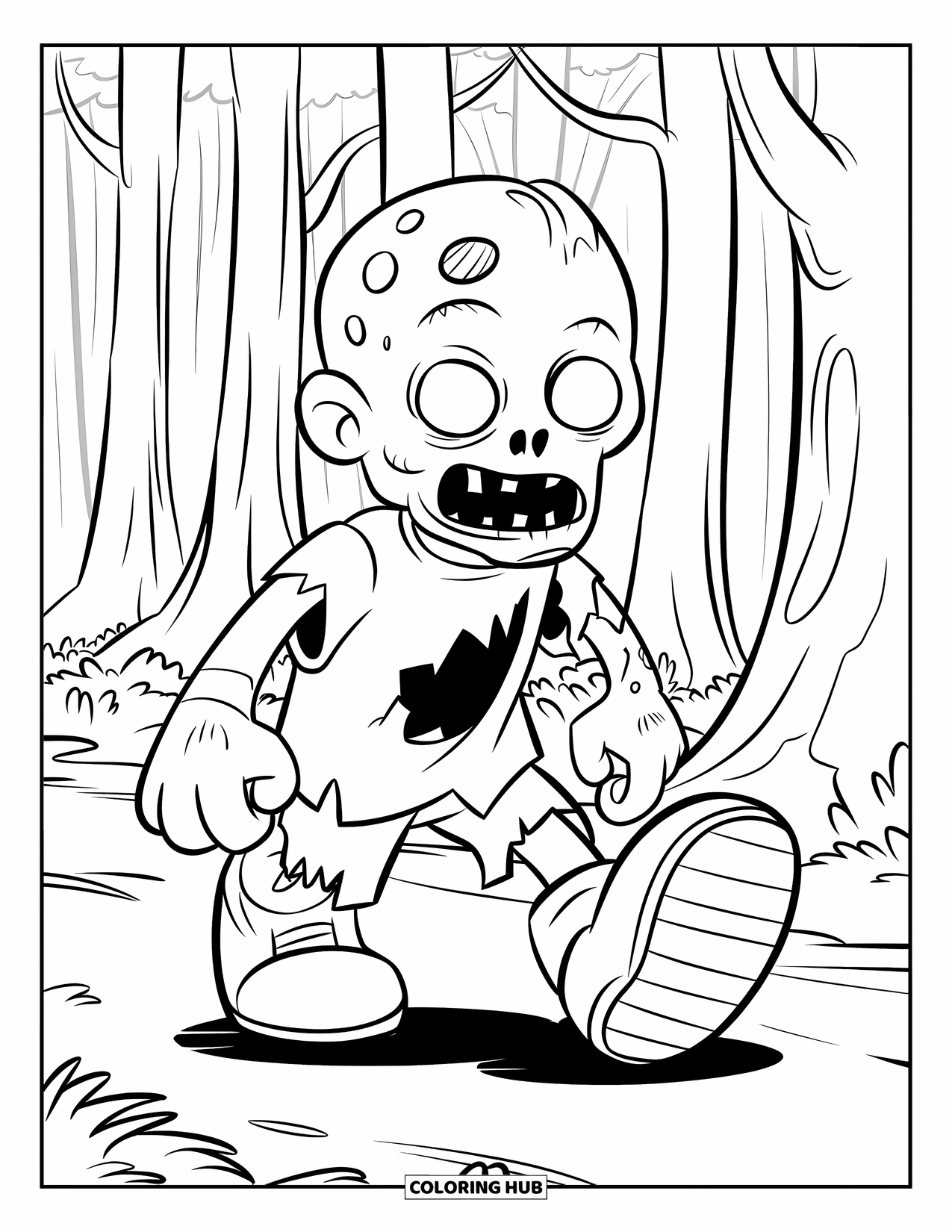 Zombie Coloring Page for Kids: Small zombie with a grin and giant shoes walks through a quiet forest