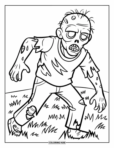 Coloriage de zombie pour enfants : Un zombie souriant marche dans un champ herbeux avec les bras tendus de manière ludique