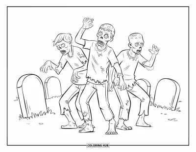 Coloriage de zombie pour enfants : Trois zombies font la conga dans un cimetière avec des pierres tombales
