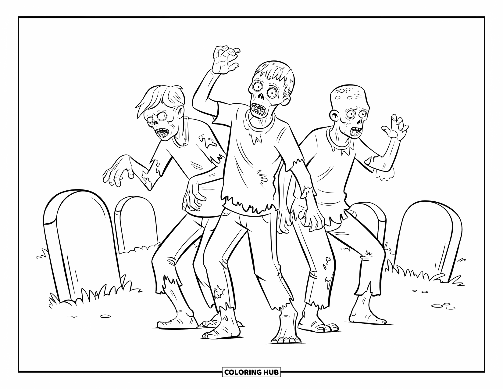 Zombie Coloring Page for Kids: Three zombies do the conga in a graveyard with tombstones