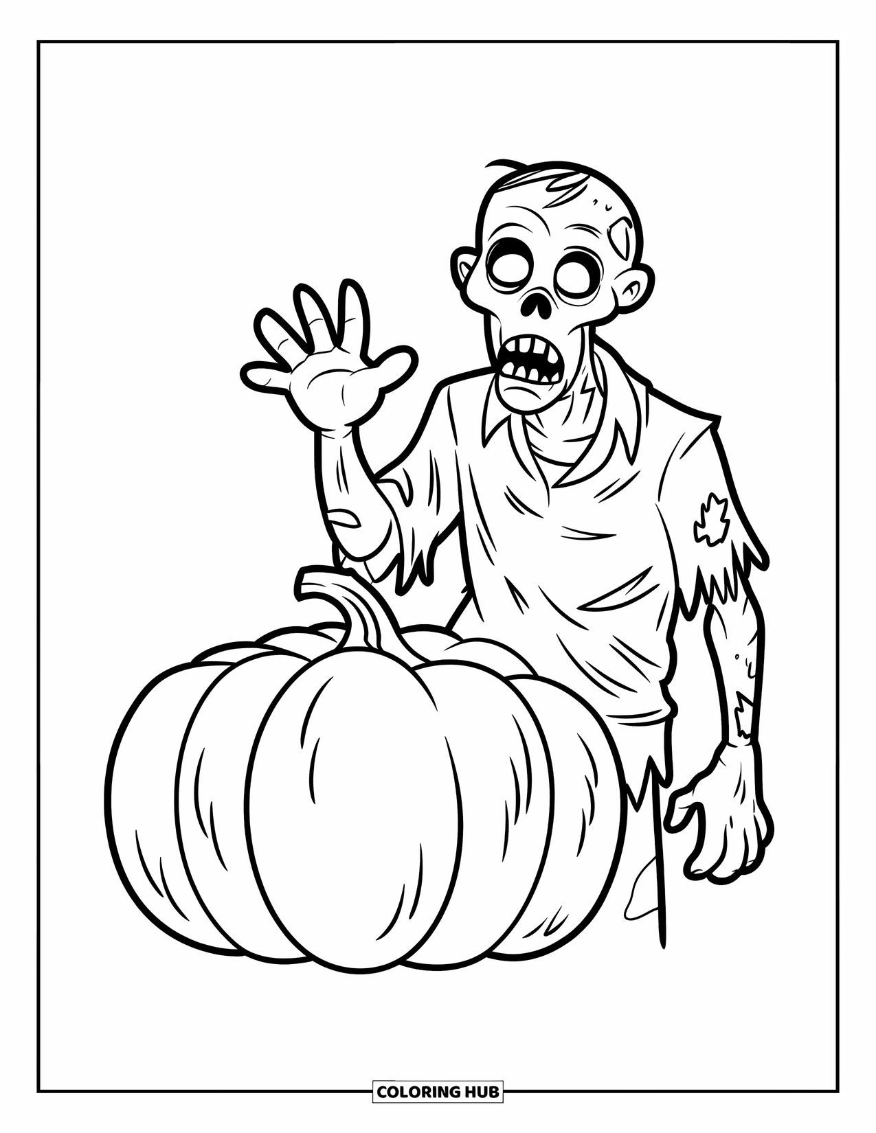 Zombie Coloring Page for Kids: Waving zombie stands beside a pumpkin with a cheerful grin