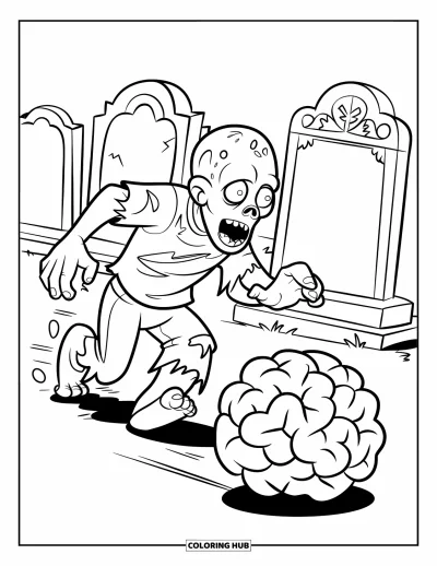 Coloriage de zombie pour enfants : Un zombie aux yeux écarquillés poursuit un cerveau à travers un cimetière effrayant