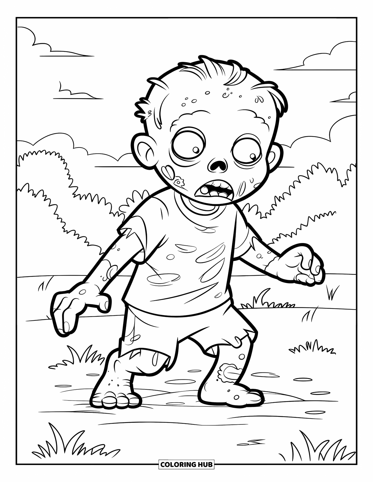 Zombie Coloring Page for Kids: Young zombie crawls from the ground in a grassy area with trees nearby