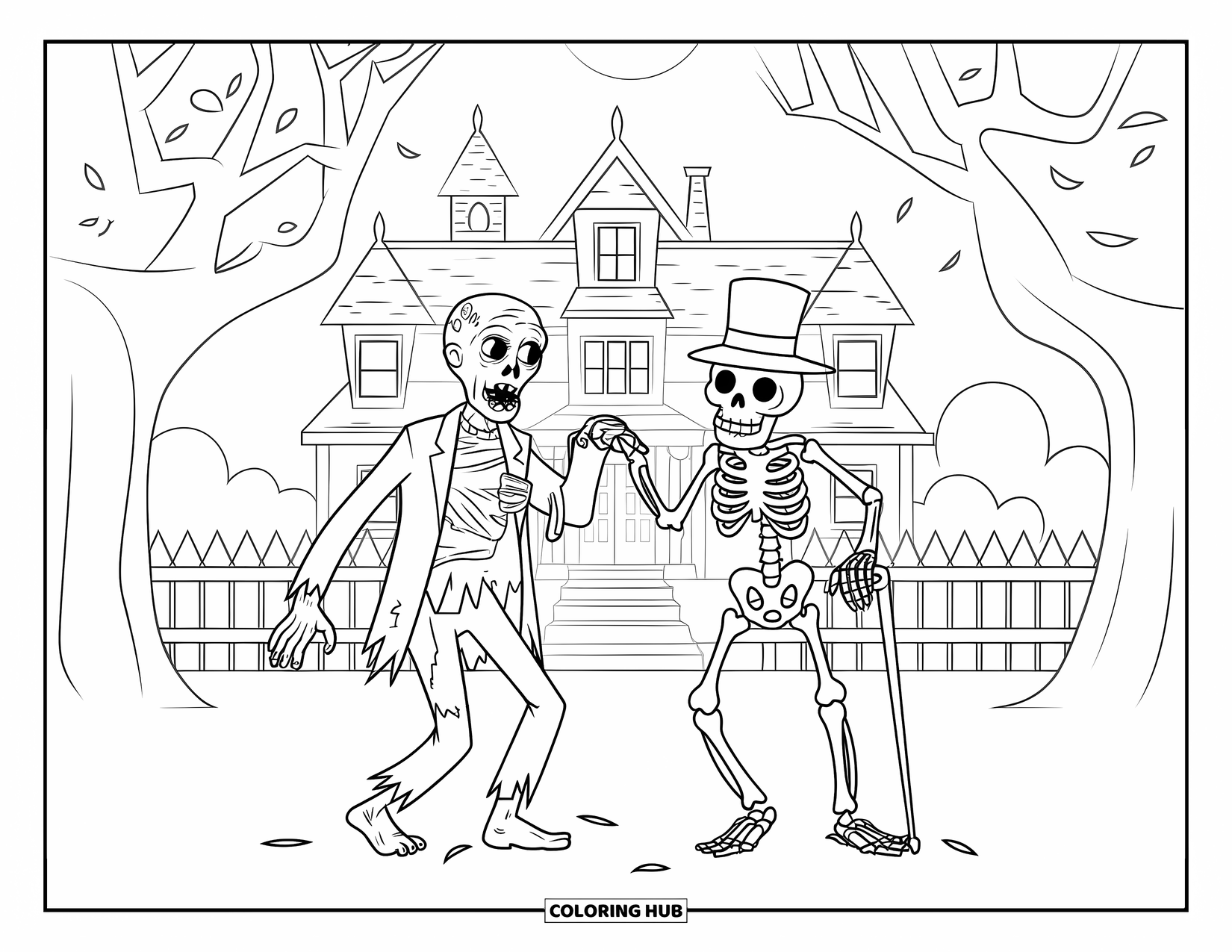 Zombie Coloring Page for Kids: Zombie and skeleton with a top hat dance near a spooky mansion