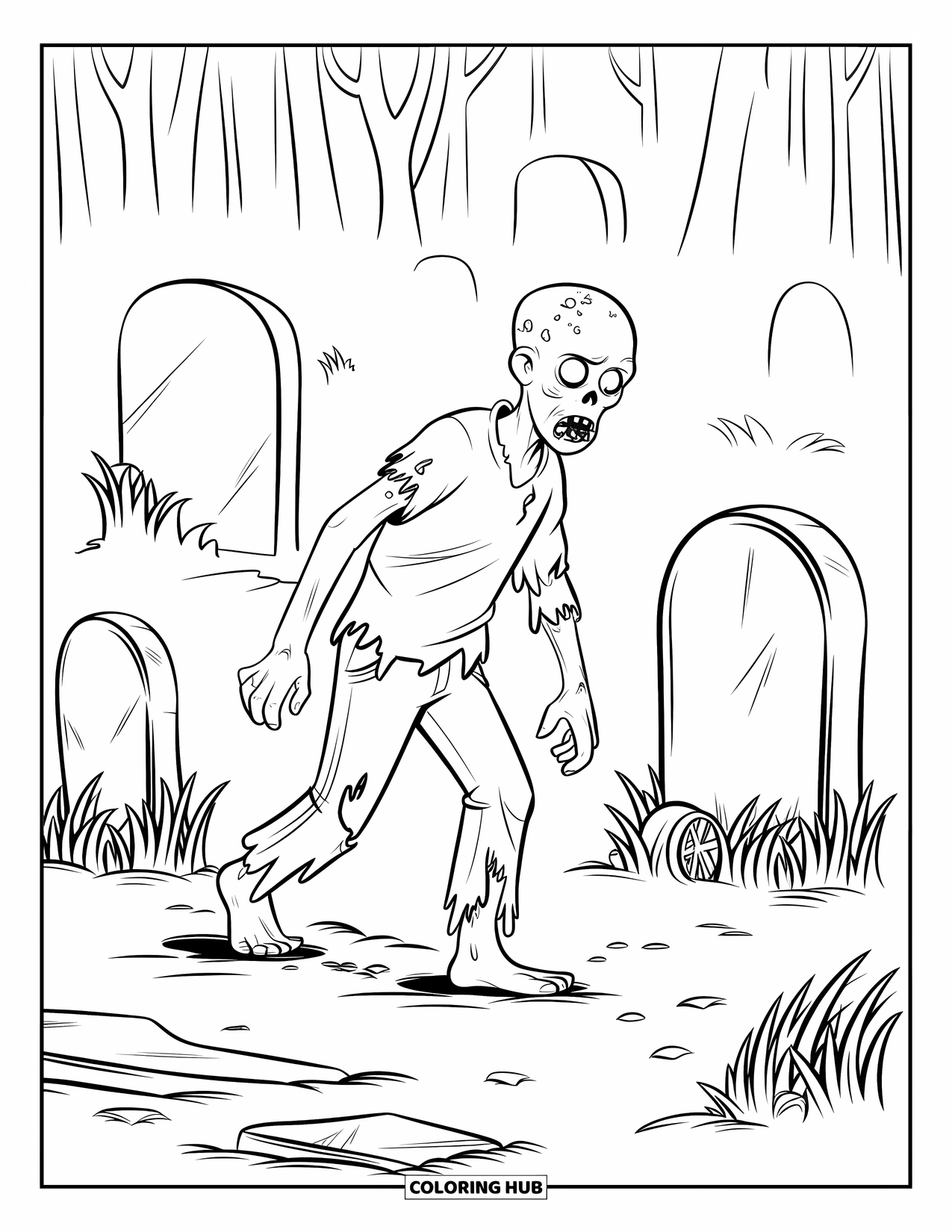 Zombie Coloring Page for Kids: Zombie drags a leg through tall grass near old broken headstones