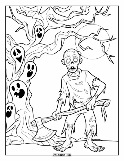 Coloriage de zombies pour enfants : Un zombie tenant une hache rouillée se dresse près d'un arbre fantomatique aux branches tordues
