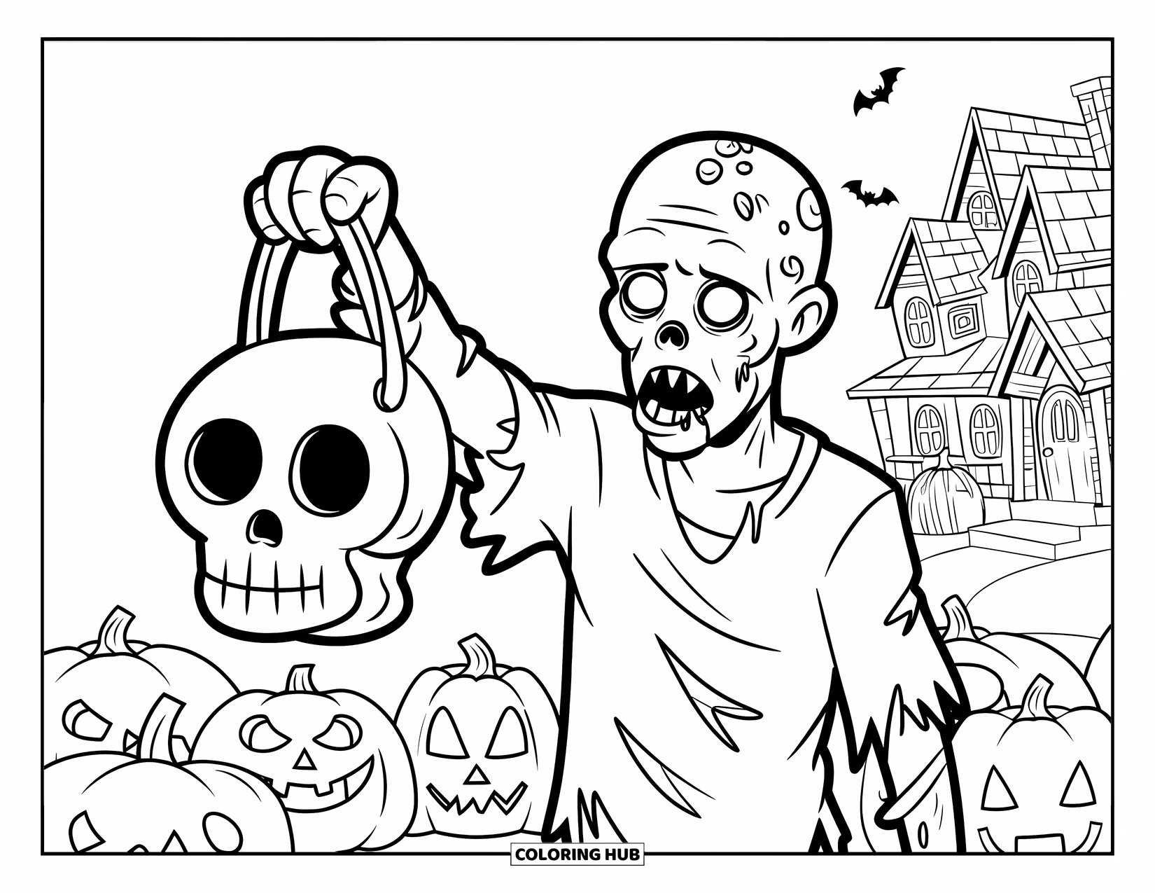 Zombie Coloring Page for Kids: Zombie holds a skull bag near pumpkins and a haunted house