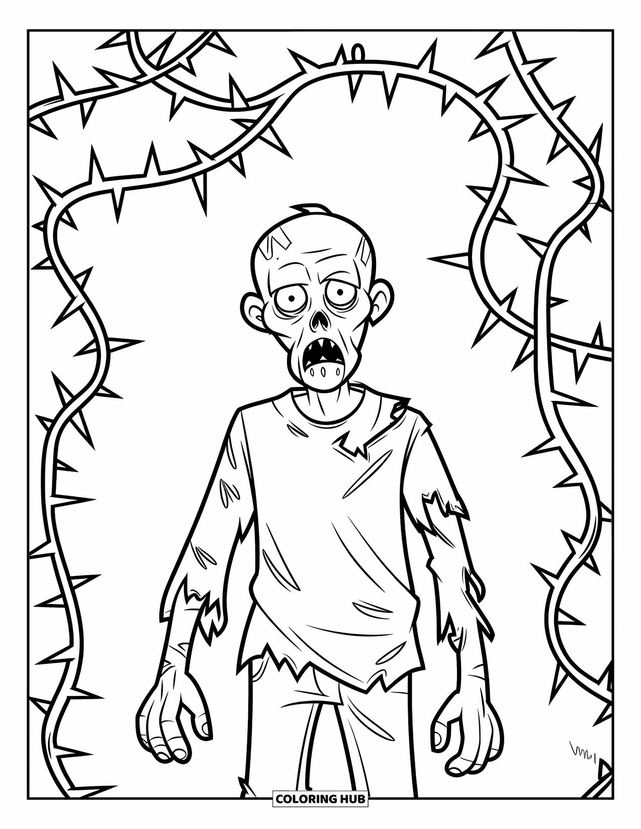 Zombie Coloring Page for Kids: Zombie in ragged sleeves stands quietly among thorny vines