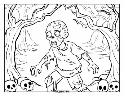 Coloriage de zombie pour enfants : Un zombie en vêtements en lambeaux se tient sous des branches tordues avec des crânes à proximité