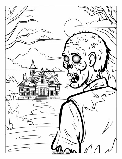 Coloriage de zombie pour enfants : Un zombie en gilet fixe un manoir sous une lune brillante et un ciel nuageux