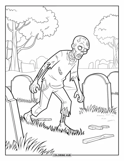 Coloriage de zombie pour enfants : Un zombie boite à travers l’herbe près de vieilles tombes et d’arbres solitaires