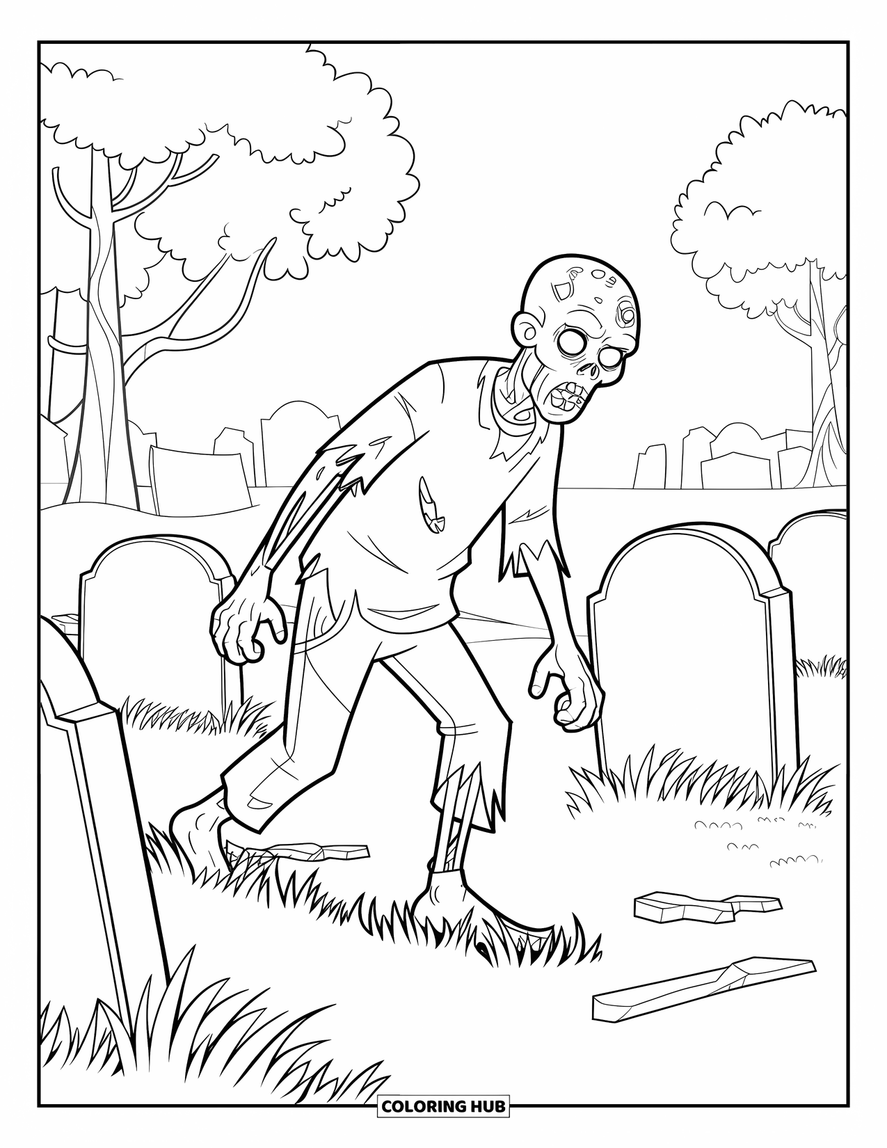 Zombie Coloring Page for Kids: Zombie limps across grass near old graves and lonely trees