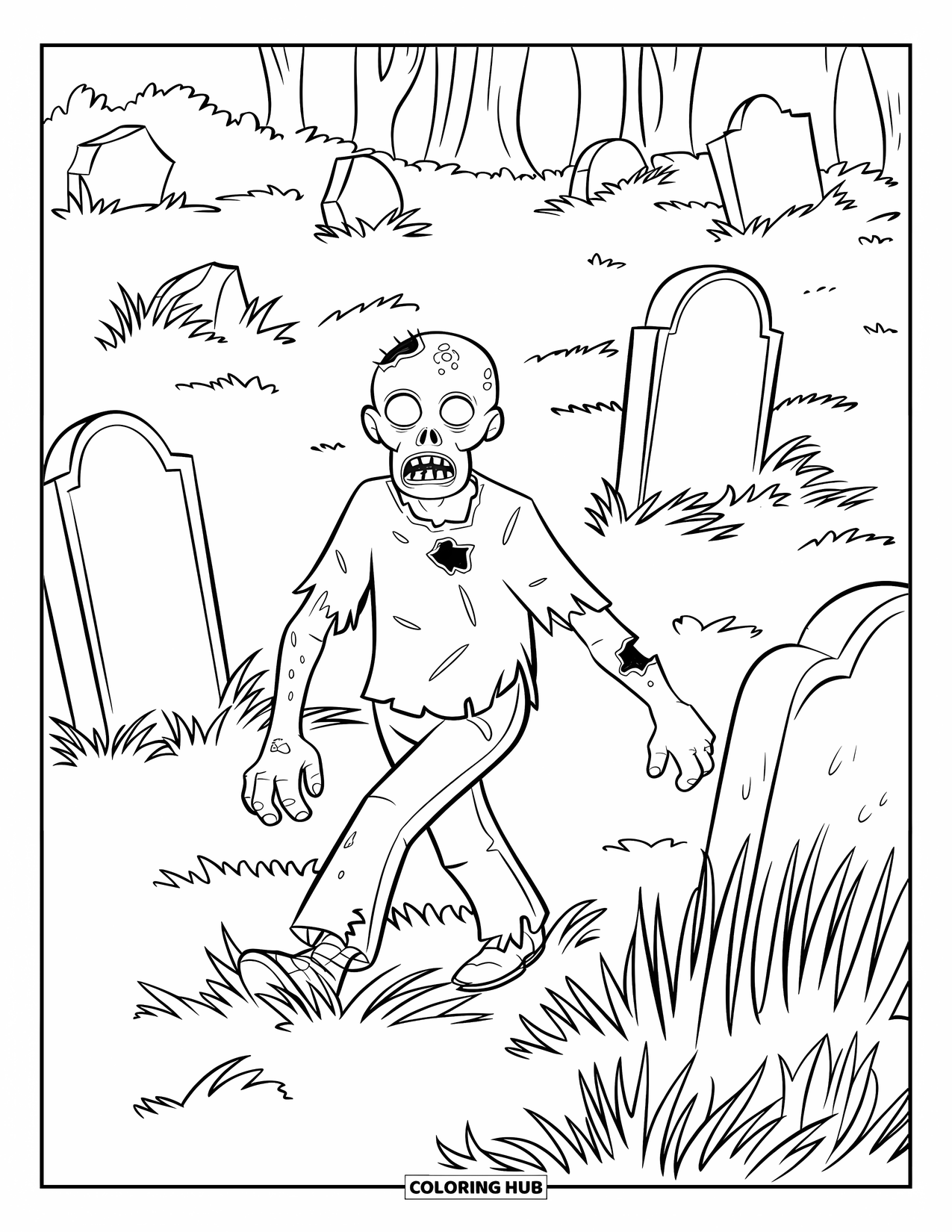 Zombie Coloring Page for Kids: Zombie limps through a weedy cemetery with broken stones and trees