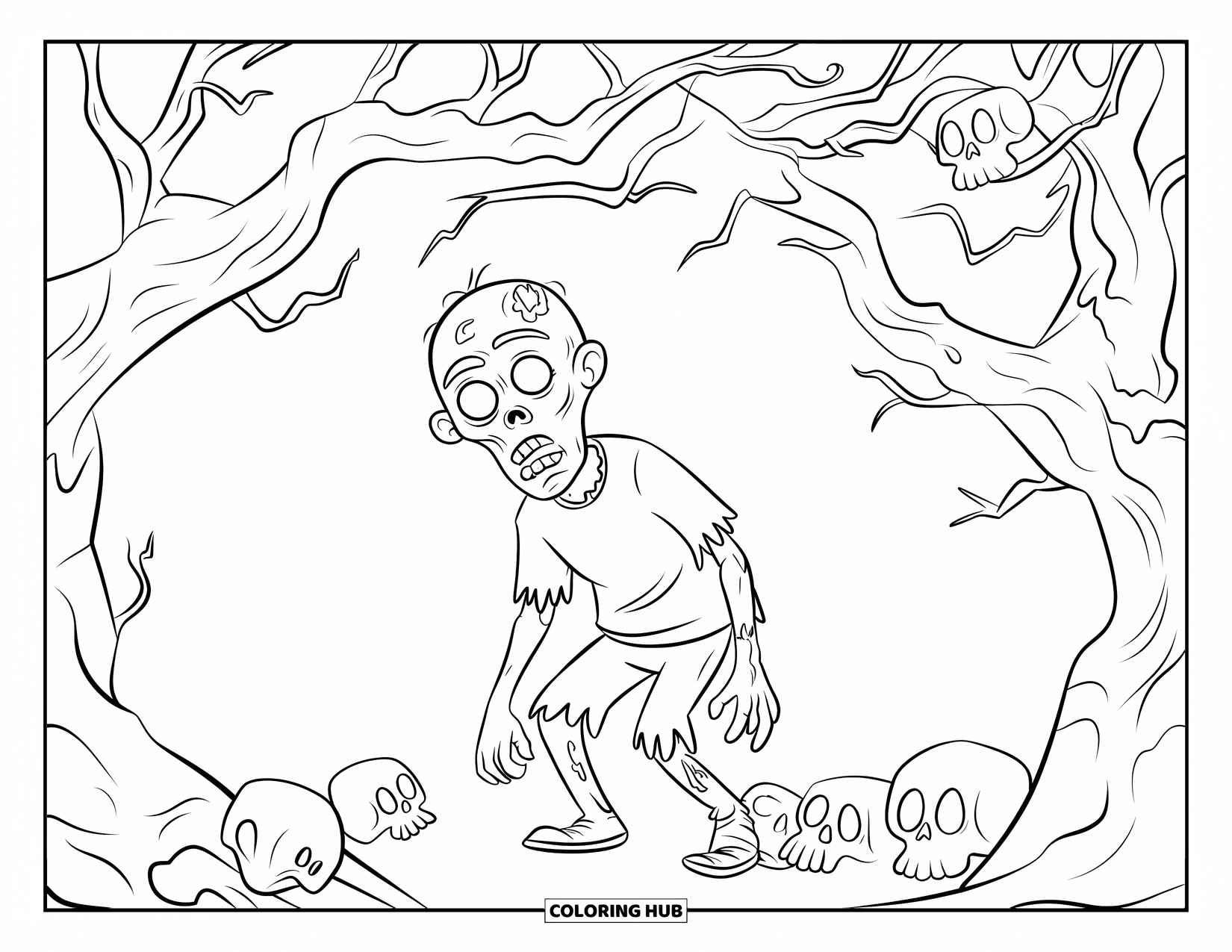 Zombie Coloring Page for Kids: Zombie lurks beneath twisted branches surrounded by scattered skulls