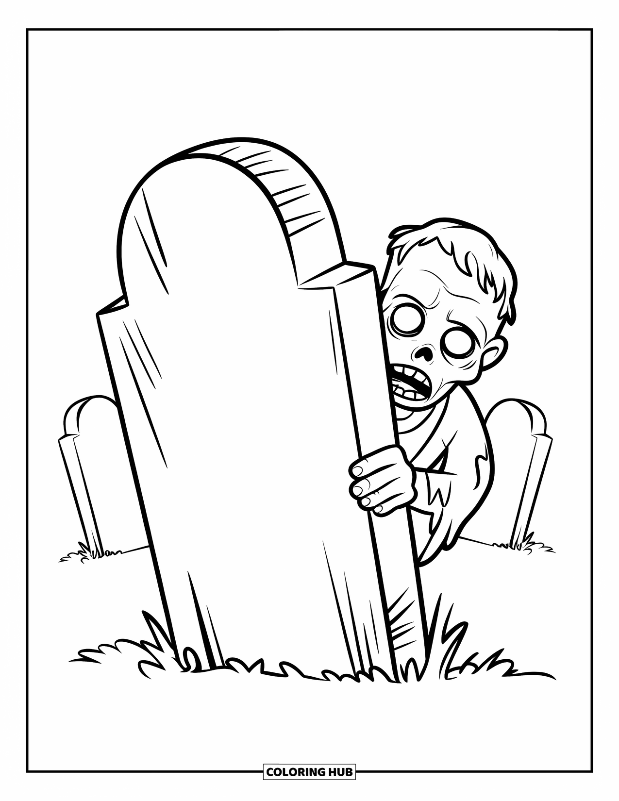 Zombie Coloring Page for Kids: Zombie peeks shyly from behind a gravestone in a quiet cemetery
