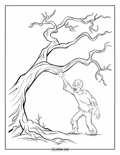 Coloriage de zombies pour enfants : Un zombie tend les bras sous un arbre tordu dans un paysage désert