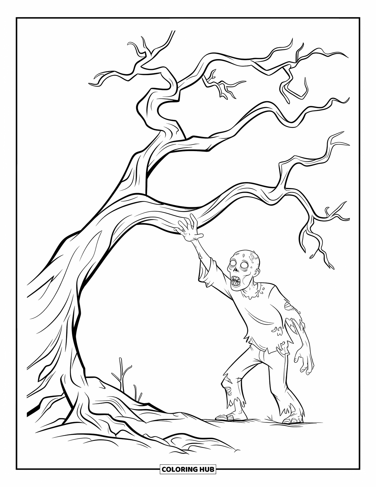 Zombie Coloring Page for Kids: Zombie reaches out beneath a crooked tree on an empty landscape