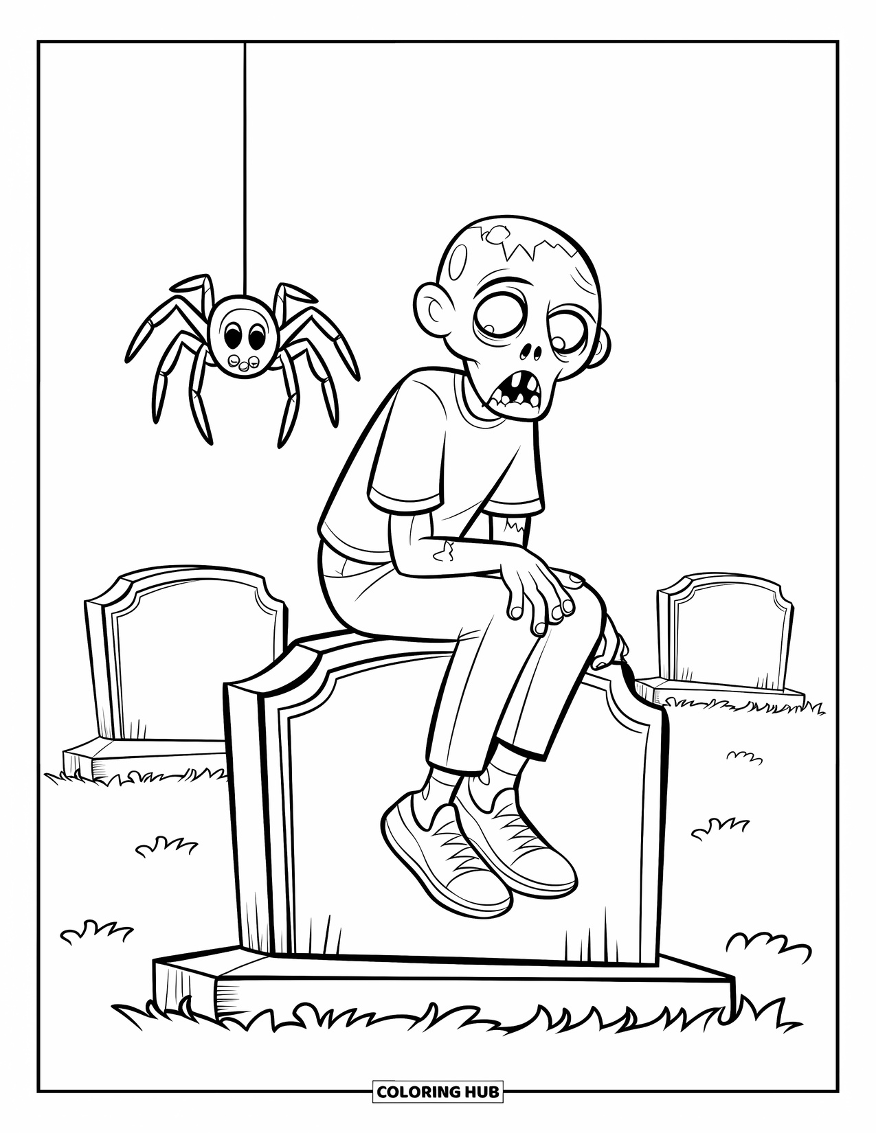 Zombie Coloring Page for Kids: Zombie relaxes on a gravestone while a spider dangles above