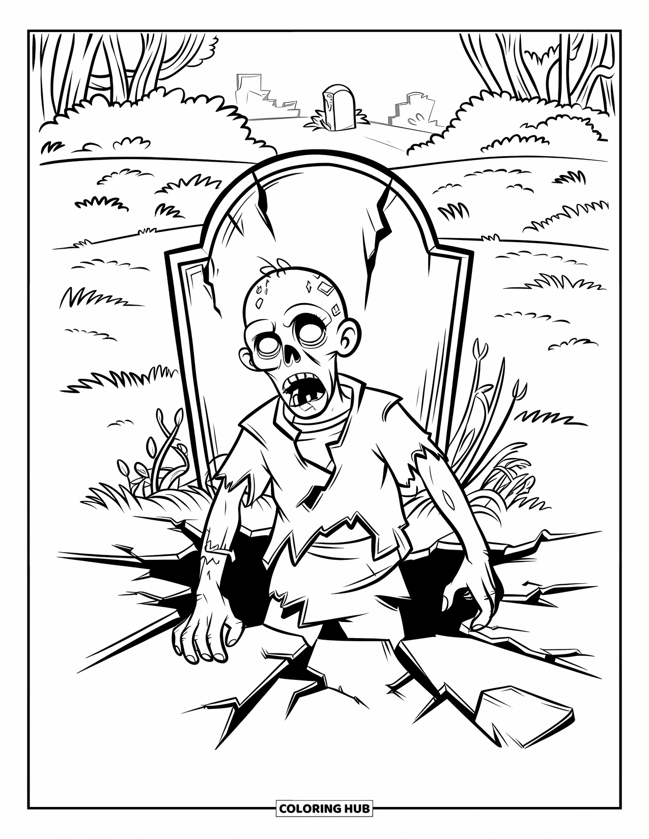 Zombie Coloring Page for Kids: Zombie rises from a cracked grave in front of a broken tombstone