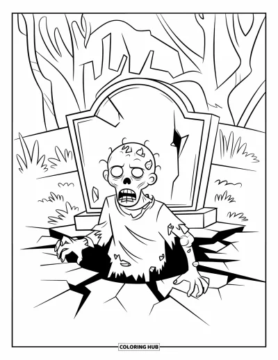 Coloriage de zombie pour enfants : Un zombie sort d’une tombe à côté d’une pierre tombale usée et de plantes emmêlées