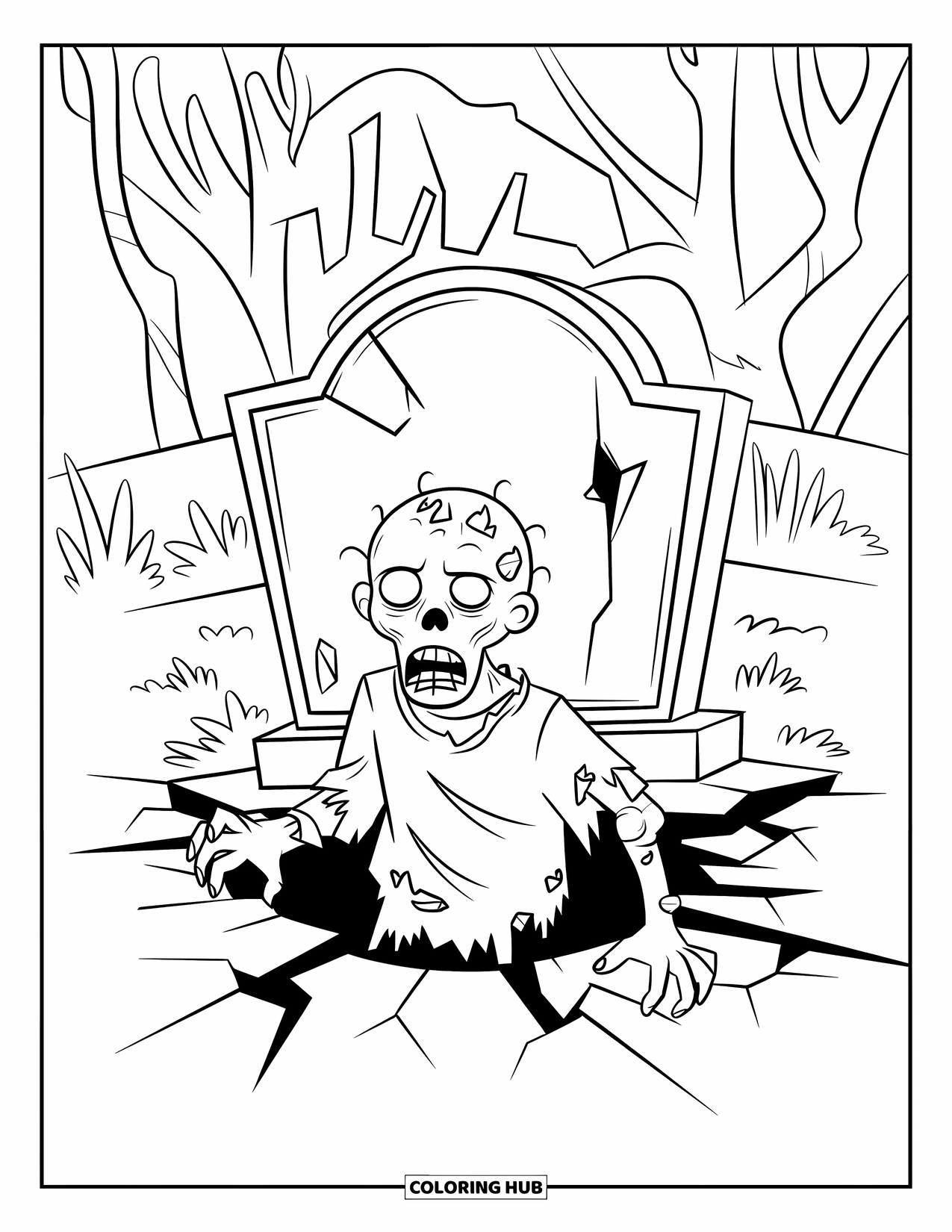 Zombie Coloring Page for Kids: Zombie rises from a grave beside a worn tombstone and tangled plants