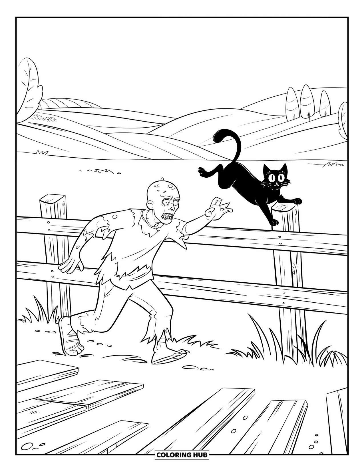 Zombie Coloring Page for Kids: Zombie runs after a black cat balancing on a wooden fence by grassy hills