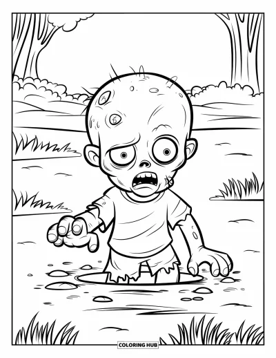 Coloriage de zombie pour enfants : Un zombie émerge lentement de la terre dans un champ paisible