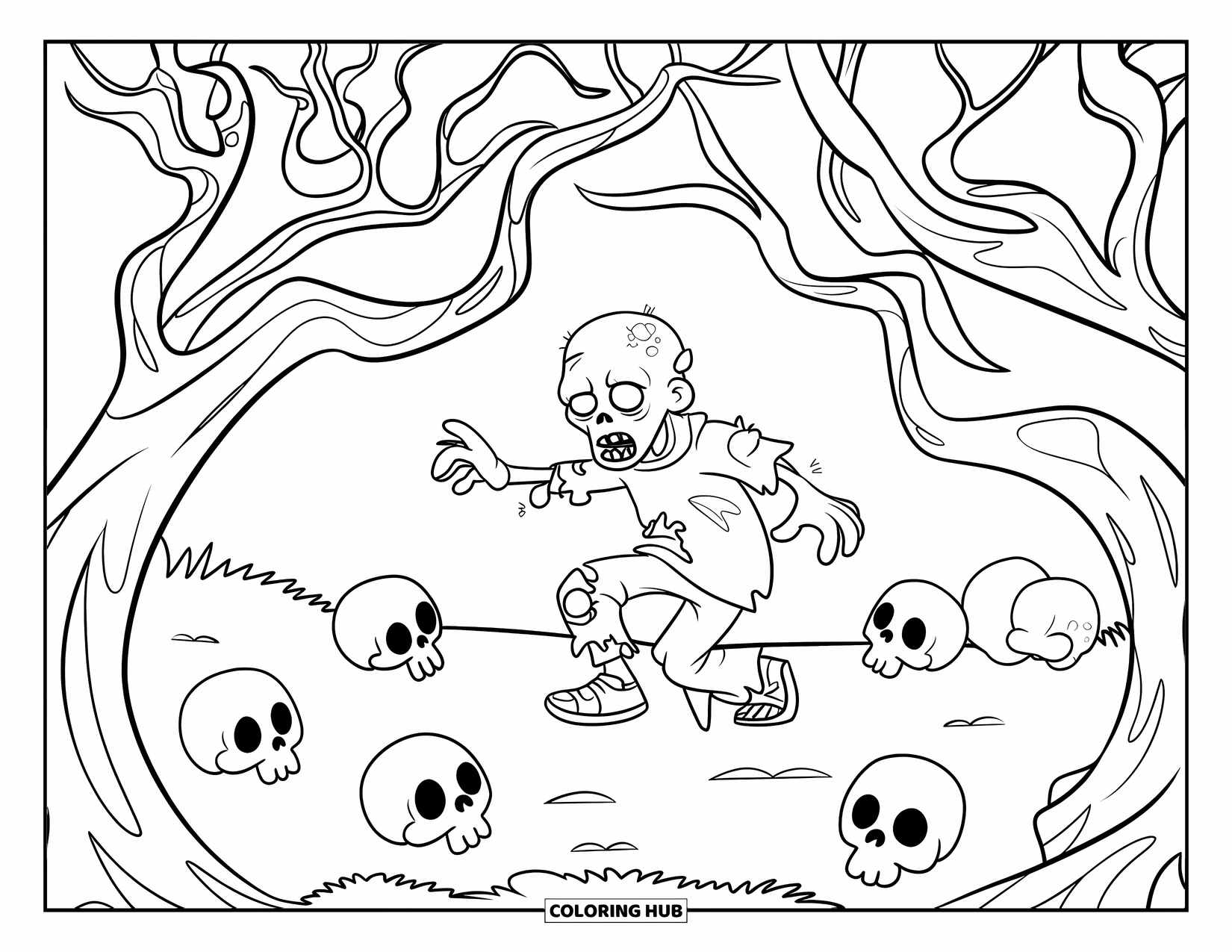Zombie Coloring Page for Kids: Zombie stands under twisted branches with skulls scattered on the ground