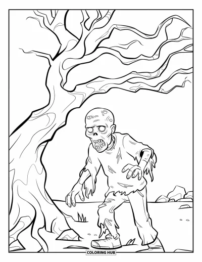 Coloriage de zombie pour enfants : Un zombie sous un arbre tordu tend ses doigts seul