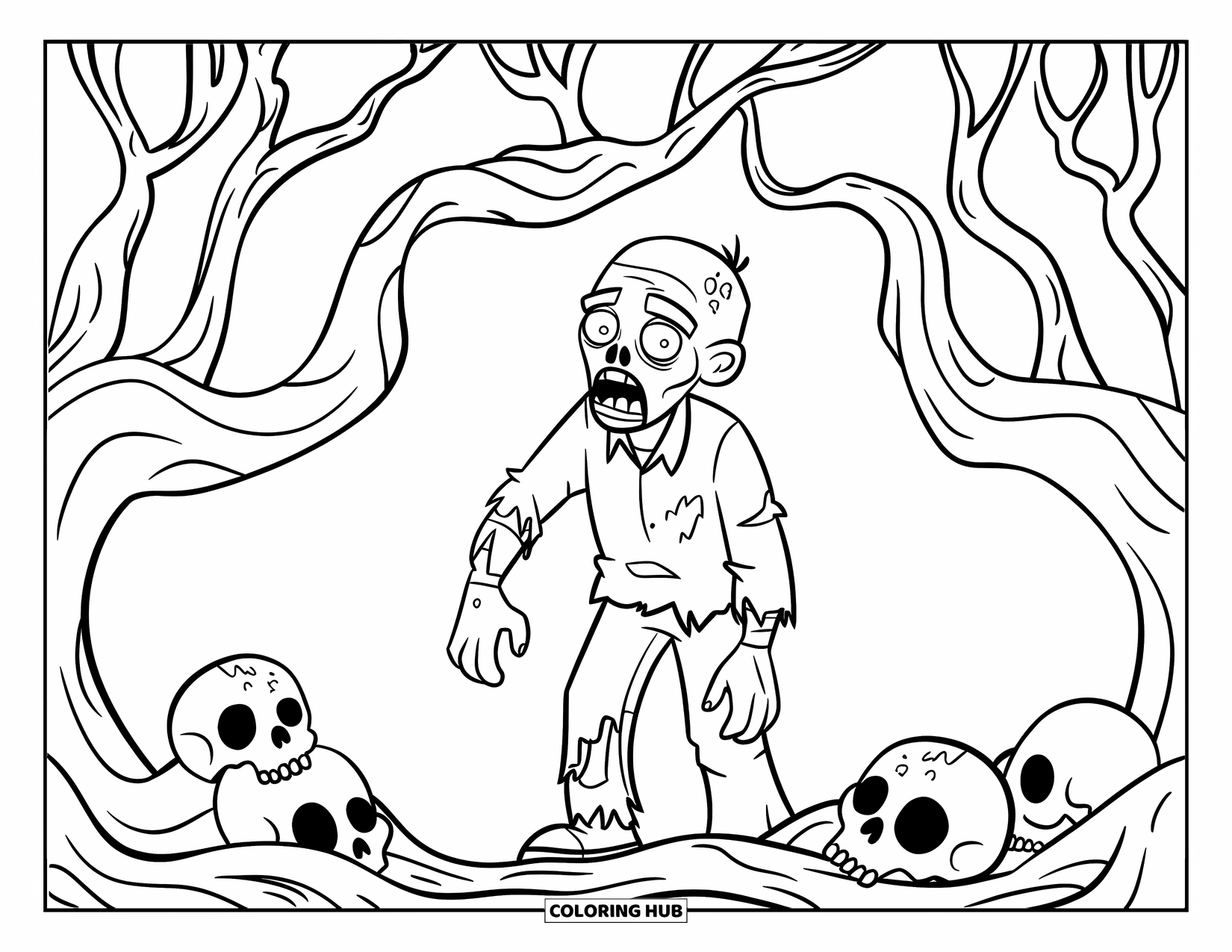Zombie Coloring Page for Kids: Zombie under gnarled trees with skulls on the ground, looking creepy and lost