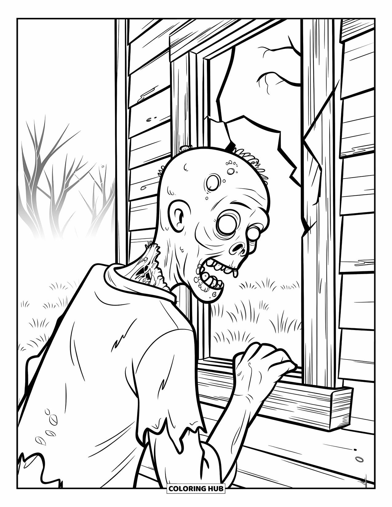 Zombie Coloring Page for Kids: Zombie with a neck wound peers through a broken window of a spooky wooden house