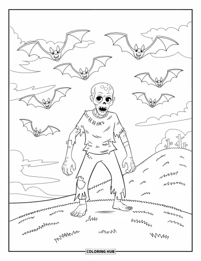 Coloriage de zombie pour enfants : Un zombie avec une tête de mort se tient sur une colline tandis que des chauves-souris volent tout autour