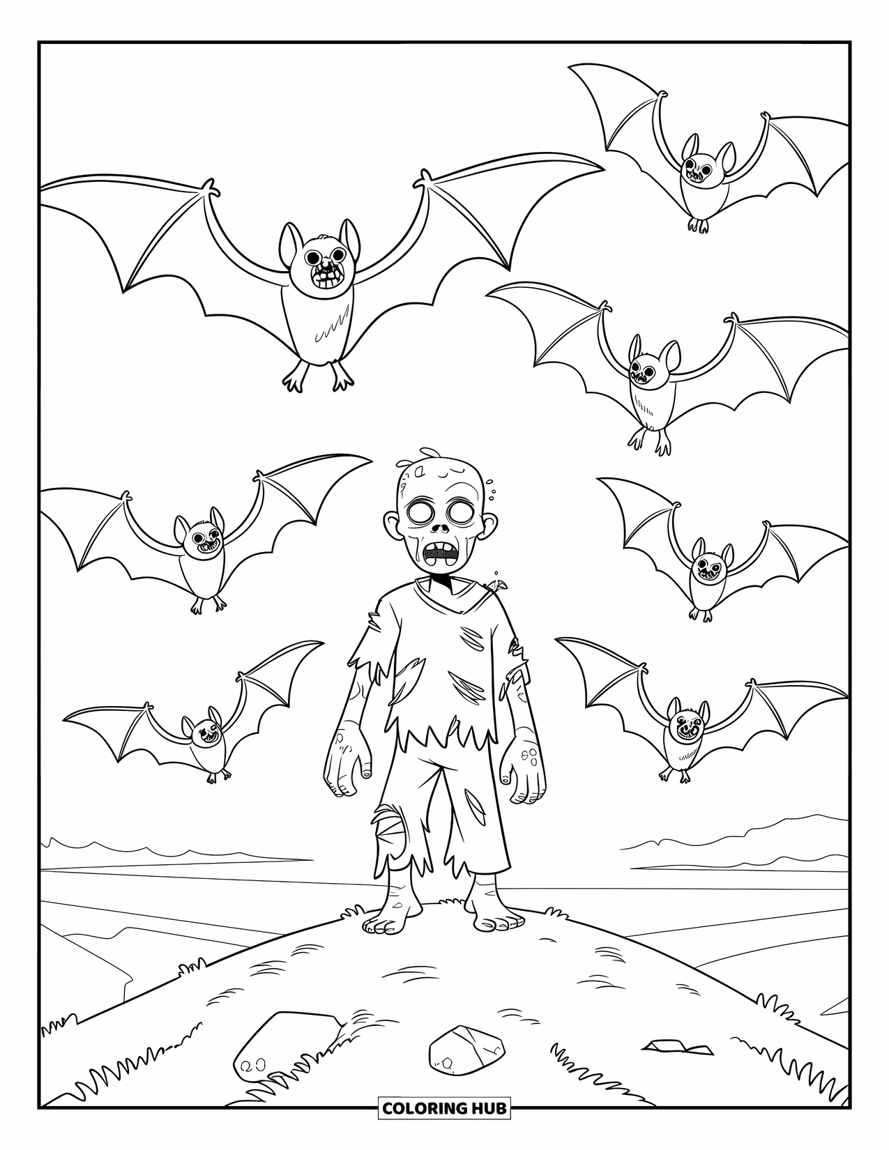 Zombie Coloring Page for Kids: Zombie with a tattered shirt stands among flying bats on a rocky hill
