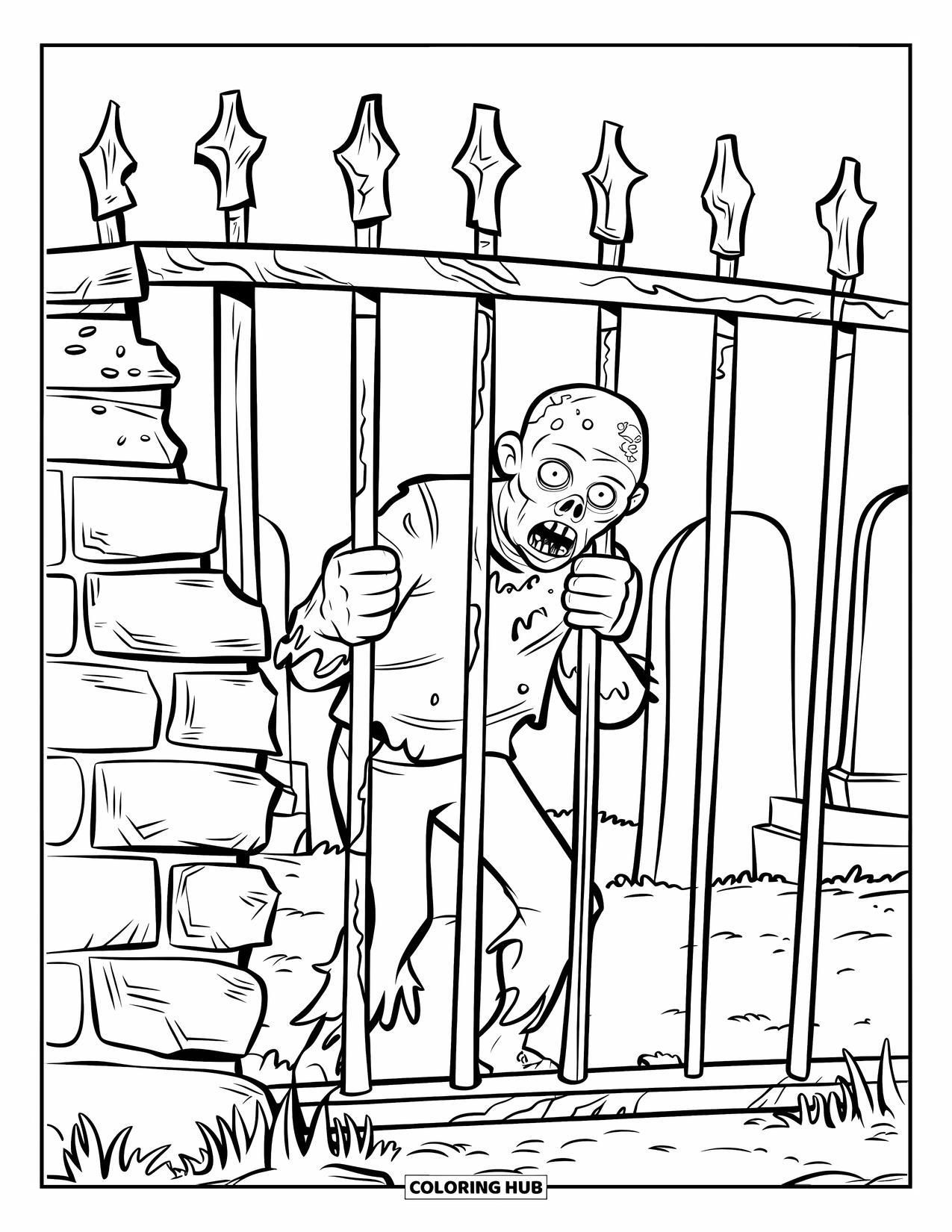 Zombie Coloring Page for Kids: Zombie with gaping mouth grips rusty gate near broken bricks and tombstones
