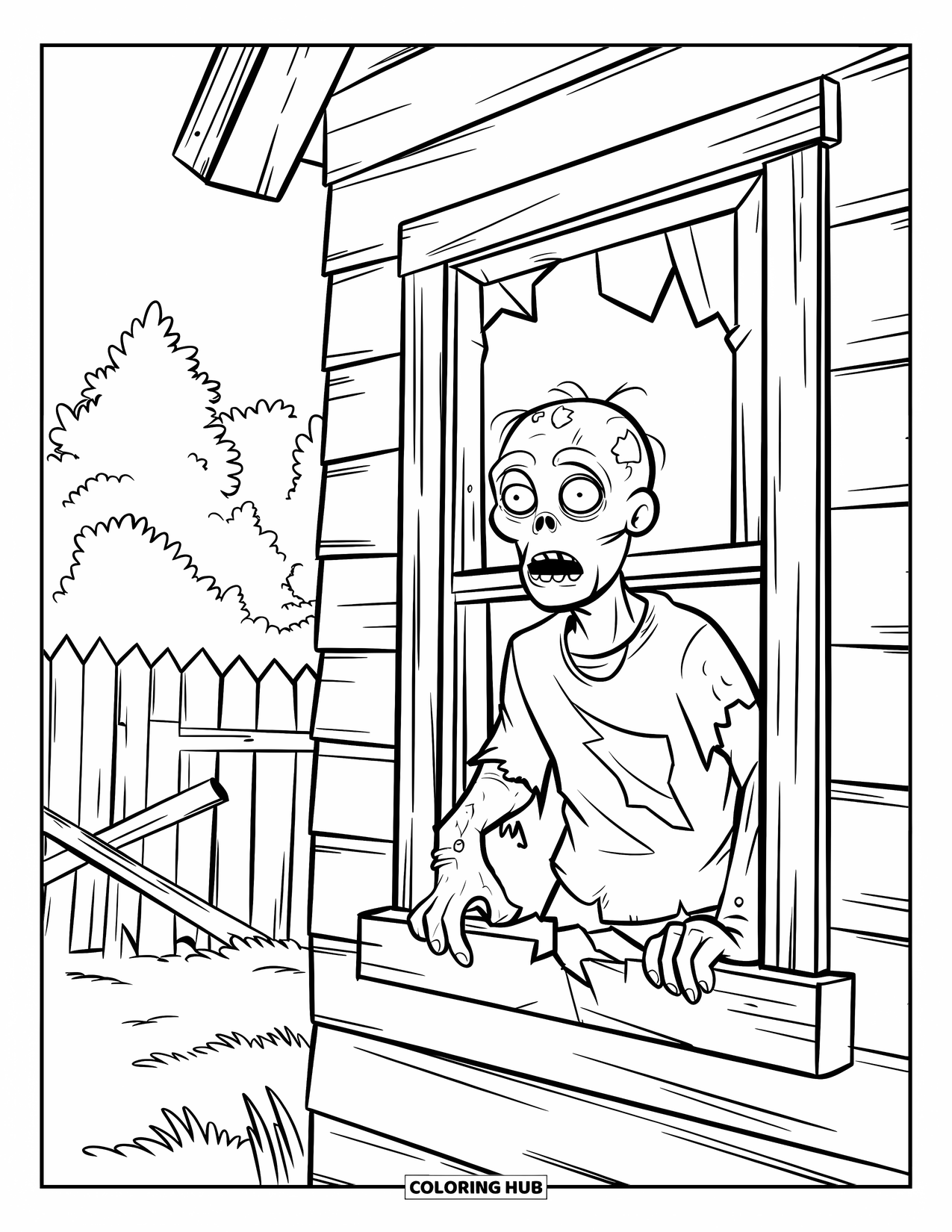 Zombie Coloring Page for Kids: Zombie with hollow eyes looks out through a cracked window of an old house