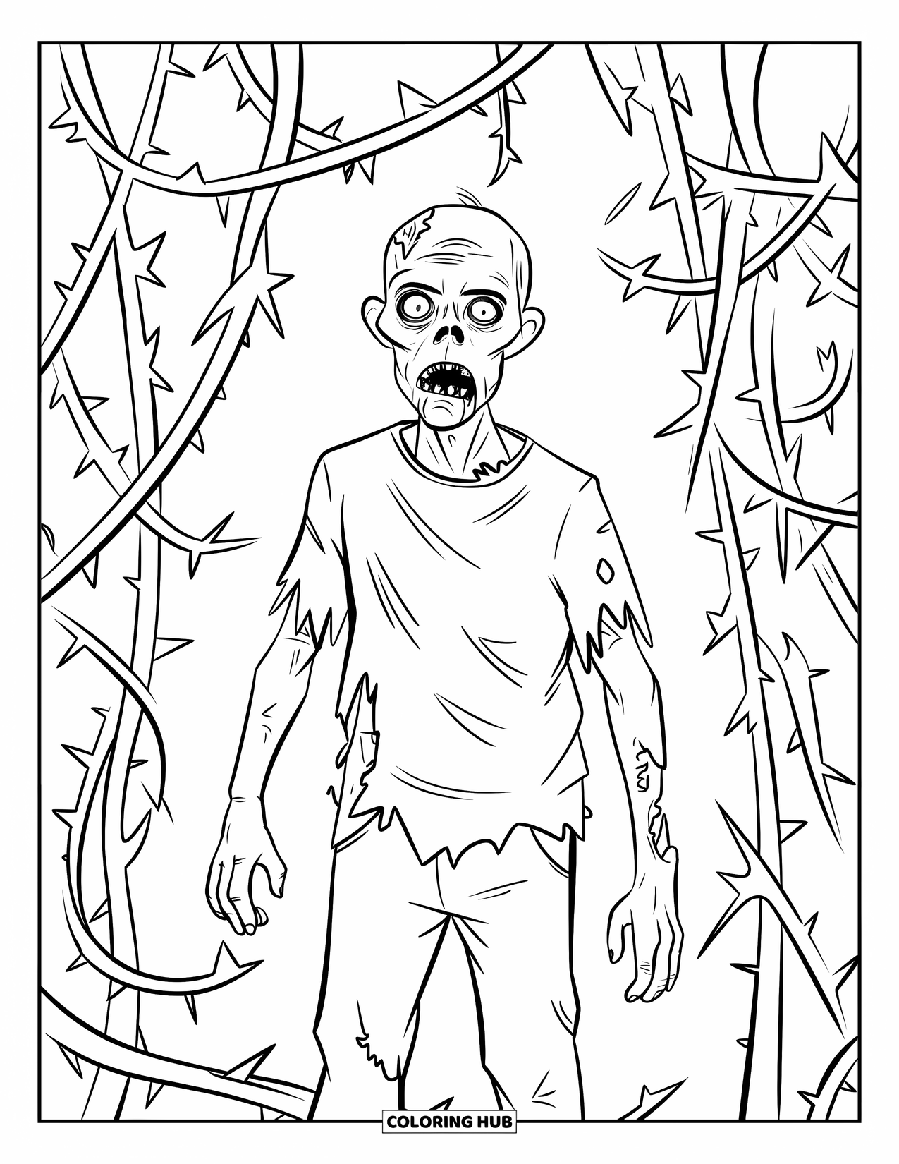 Zombie Coloring Page for Kids: Zombie with long sleeves stands surrounded by thick thorny vines