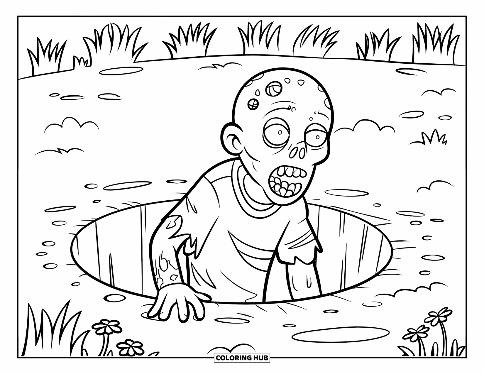 Zombie Coloring Page for Kids: Zombie with one arm climbs out of a hole surrounded by grass and flowers