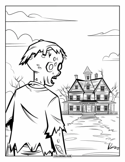 Coloriage de zombie pour enfants : Un zombie avec une chemise en lambeaux fixe un manoir hanté de loin