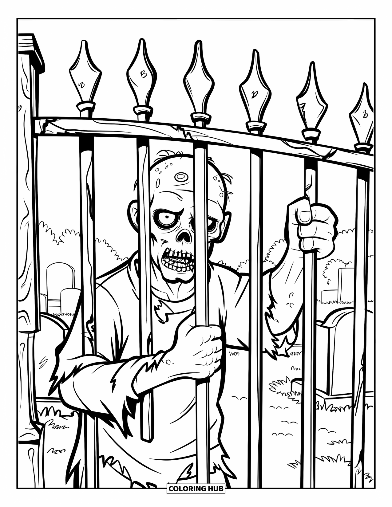 Zombie Coloring Page for Kids: Zombie with skull head holds onto a rusty cemetery gate surrounded by tombstones