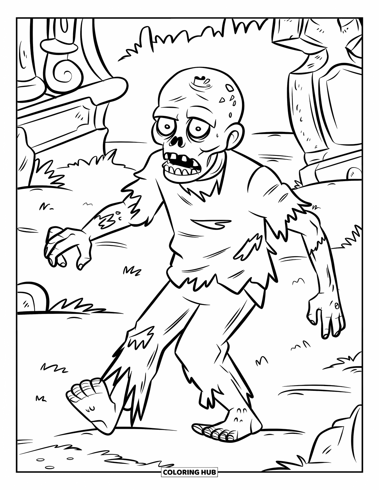 Zombie Coloring Page for Kids: Zombie with skull head raises its hands in a graveyard with a tall statue