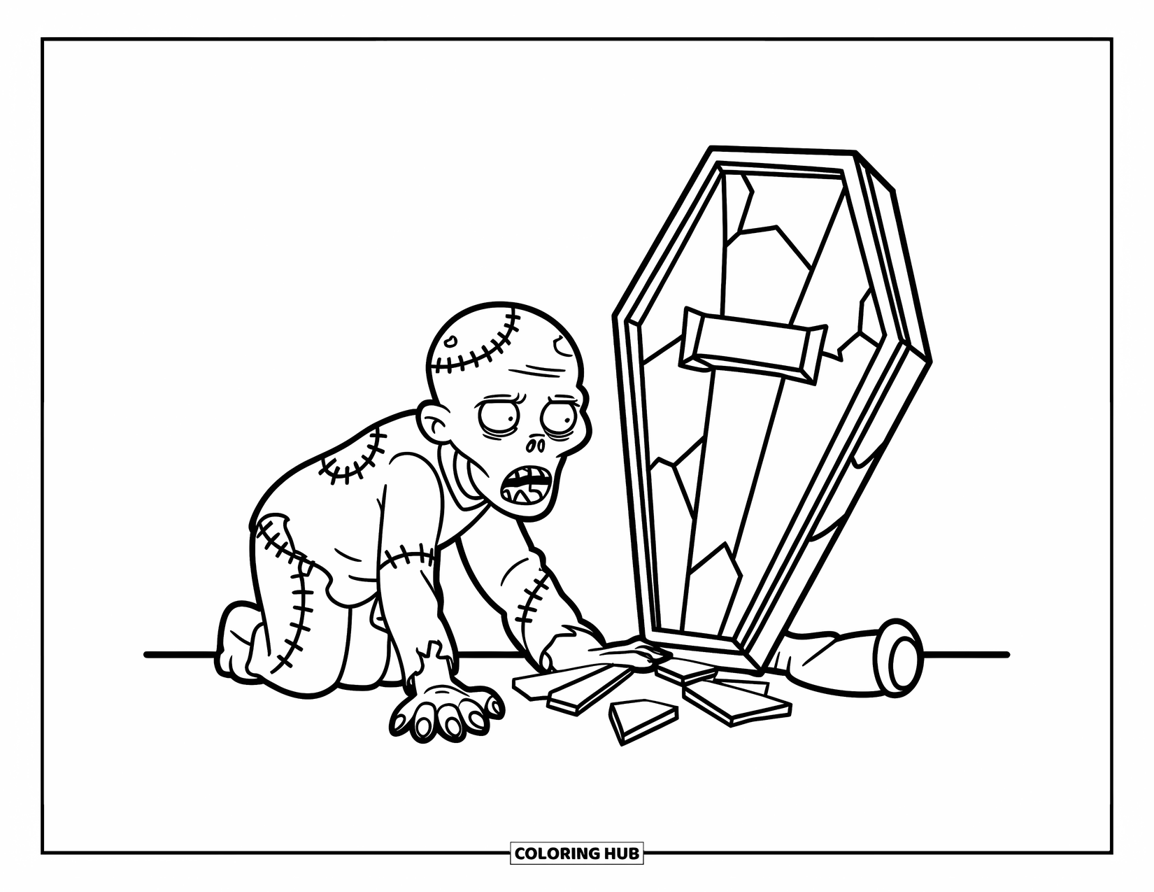 Zombie Coloring Page for Kids: Zombie with stitched limbs reaches beside a shattered coffin lid